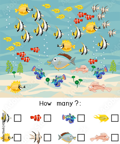 How many different sea fishes. Counting educational game with different farm animals for preschool kids