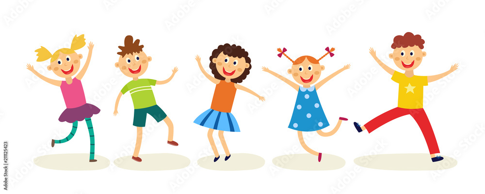 Dancing kids set in flat style - happy joyful children have fun, jump and  dance isolated on