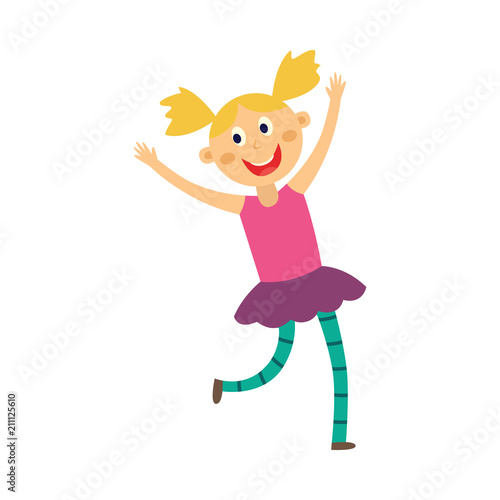 Kid girl dancing and jumping isolated on white background. Flat cartoon character of happy and cheerful male child dancer in bright clothes having fun  vector illustration.