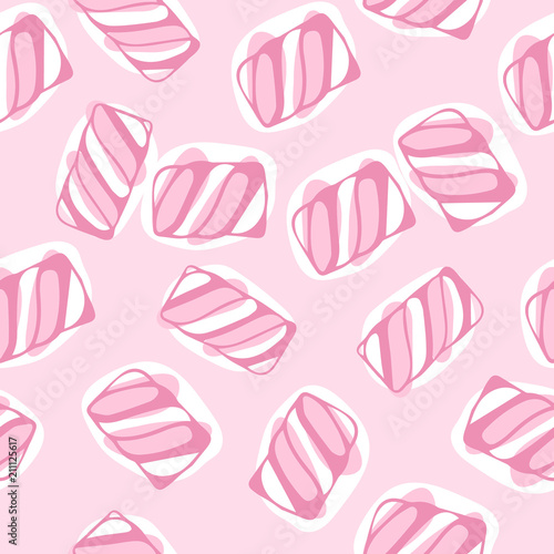 Hand draw marshmallow twists seamless pattern illustration. Pastel colored sweet chewy candies background.