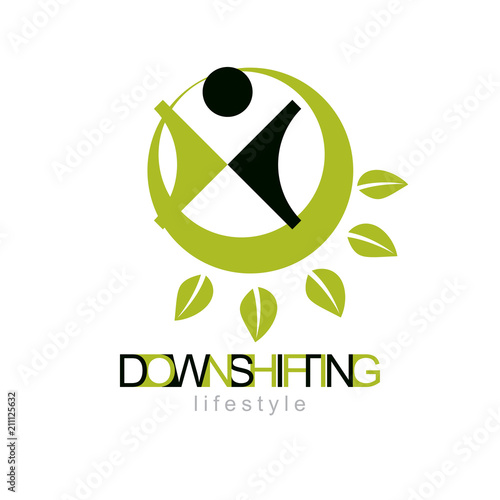 Vector illustration of excited abstract  man with raised reaching up. Downshifting concept logo. Vegetarian theme icon. Green tourism symbol.