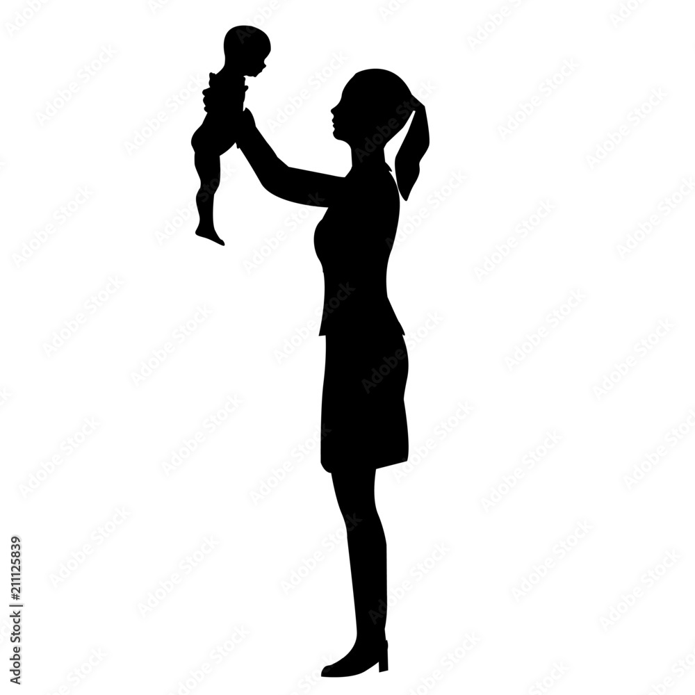 Silhouette of a woman with a child. The girl is holding her baby in her hands.