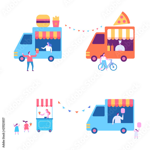Street and Fast Food trucks. Pizza, Burger, Ice-cream trucks flat vector illustration.