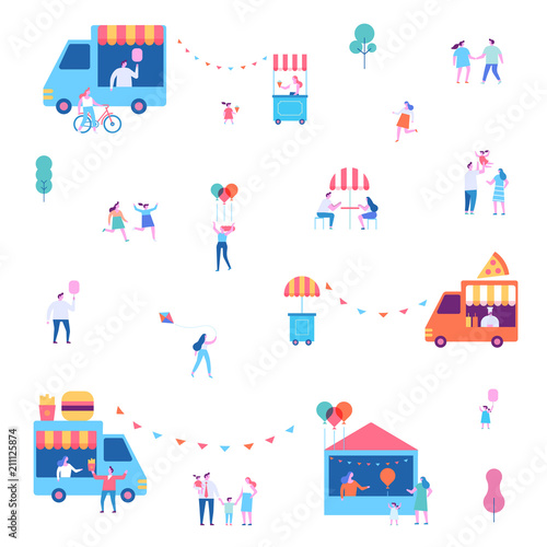 Summer Food Festival. Street and Fast Food.  Drink, Pizza, Burger Truck flat vector illustration.