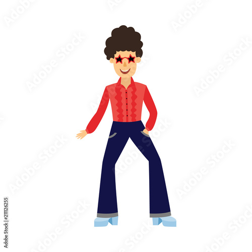 Retro disco male dancer with curly hair in 70s style with pants pincers and stars sunglasses isolated on white background. Funny flat cartoon man at party or night club, vector illustration.