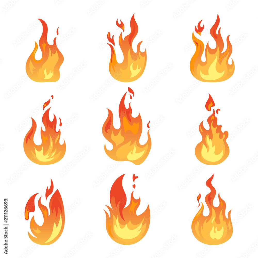 Flaming fire or isolated flame icons, light Flaming fire or isolated flame icons, light