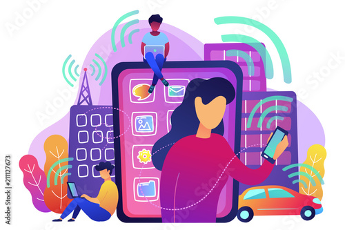 People using different electronic devices such as smartphone, laptop, tablet. Radio fields, electromagnetic pollution, radiation concept, violet palette. Vector illustration on white background.