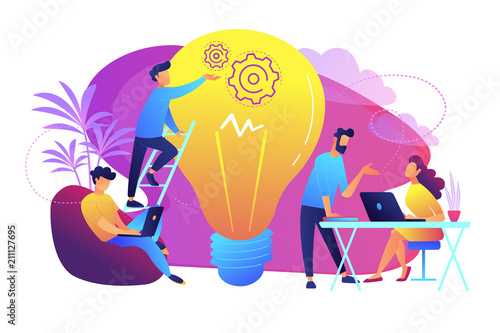 People working in friendly open space workplace. Coworking, freelance, teamwork, communication, interaction, idea, independent activity concept, violet palette. Vector illustration on white background