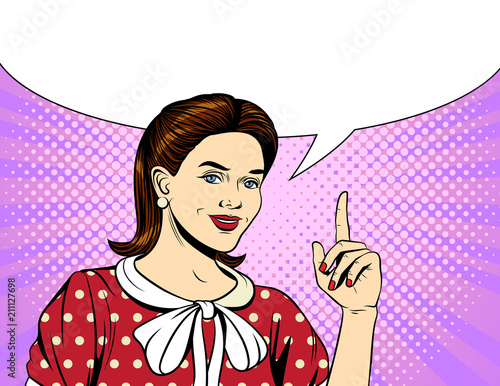 Vector colorful pop art comic style illustration of a young woman pointing finger up. Portrait of beautiful girl showing an idea