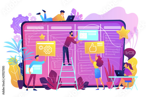 Team members moving cards on large kanban board. Teamwork, communication, interaction, business process, agile project management concept, violet palette. Vector illustration on white background.