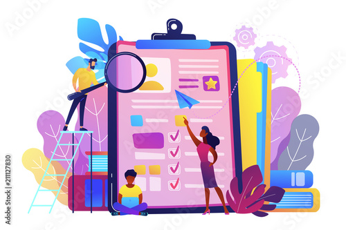 HR managers looking at curriculum vitae of job seeker as a concept of job interview, working experience, recruitment, job application. Violet palette. Vector illustration on white background.