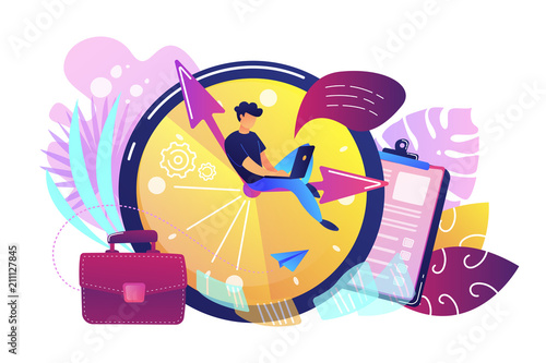 A freelance developer sitting on the clock hands with a laptop. Time management, productivity, efficiency, work rate, perfomance concept, violet palette. Vector illustration on white background.
