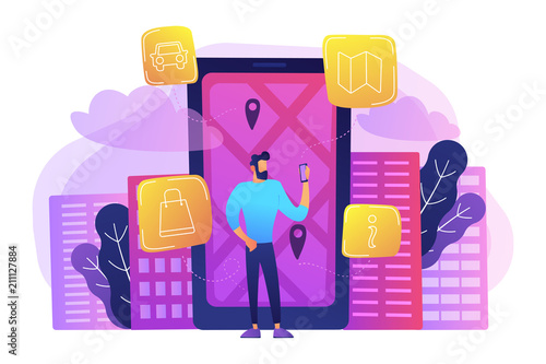 A man near huge LCD screen with city map and gps tags on the screen getting information about the city. Mobile center, smart guide, IoT and smart city concept, violet palette. Vector illustration.