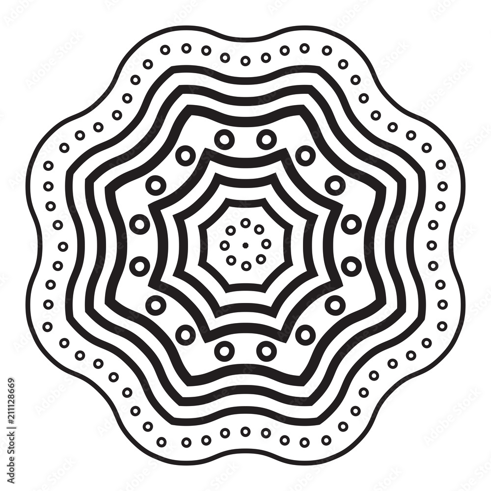 Abstract circle pattern, round design element, geometric forms, halftone effect, mandala, decorative rosette, colorin book page,black and white vector illustration