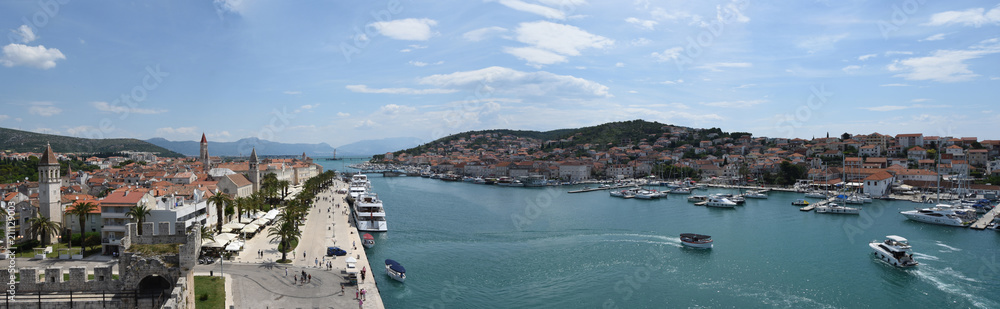 Panorama of Trogir with waterway and bridge to the island of Čiovo  Croatia.