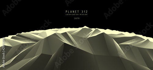 Science fiction vector cosmic illustration, space fantastic planet 3d line drawing. Usable as abstract background with copy space for title and text.