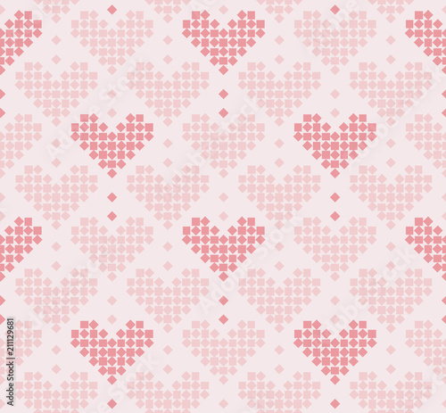 Abstract seamless pattern with hearts composed of small squares, seamless hearts pattern, romantic seamless background