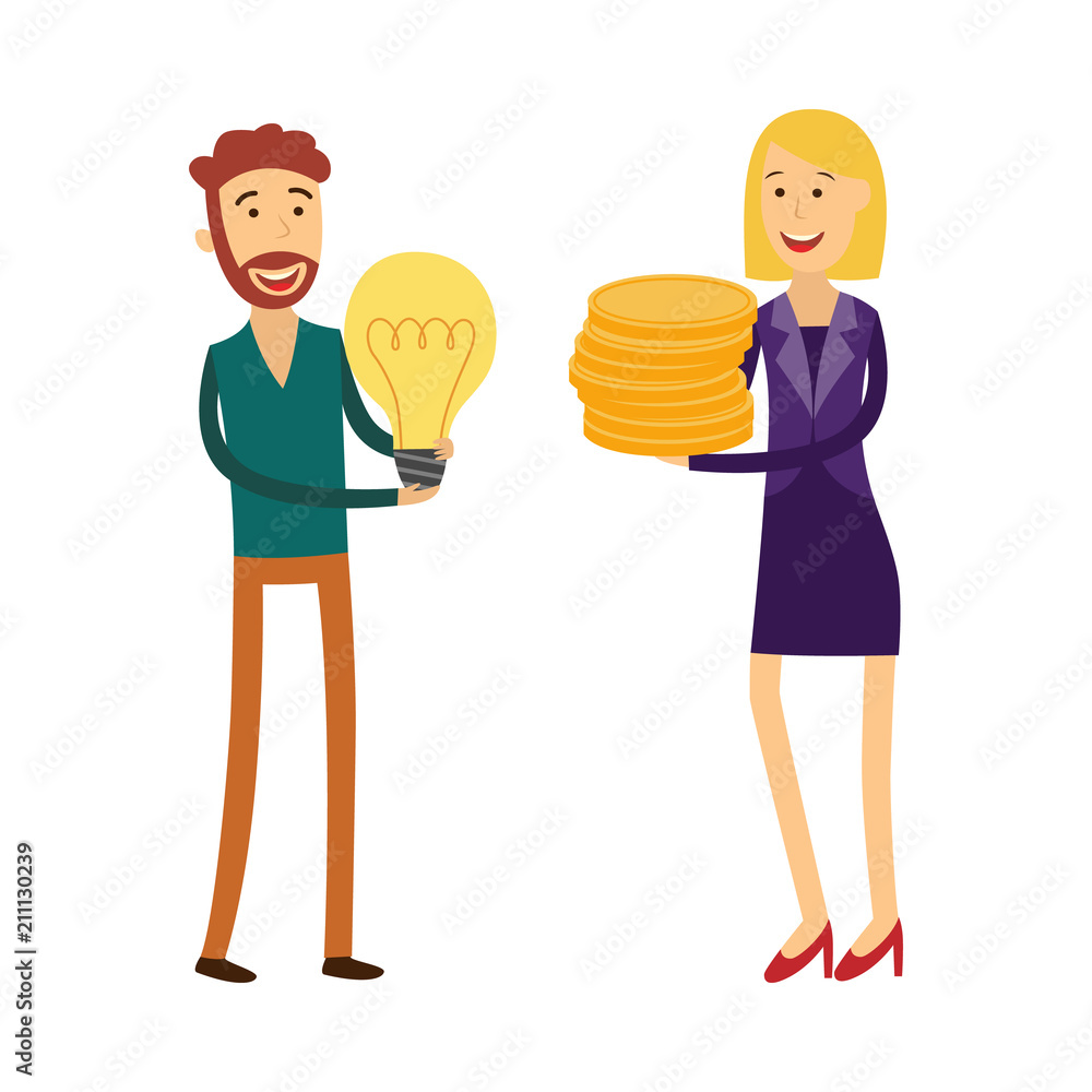 Financing new business idea concept with man holding light bulb and female banker or financier with money coins - isolated flat cartoon vector illustration of loan for project startup. Financing new business idea concept with man holding light bulb and female banker or financier with money coins - isolated flat cartoon vector illustration of loan for project startup.