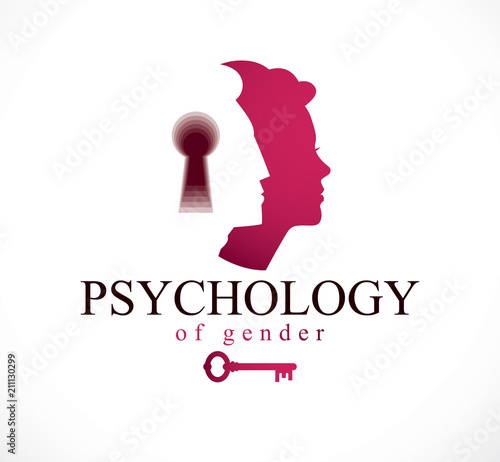Gender psychology concept created with man and woman heads profiles and keyhole with key of understanding, vector logo or illustration of relationship problems and conflicts in family and society.
