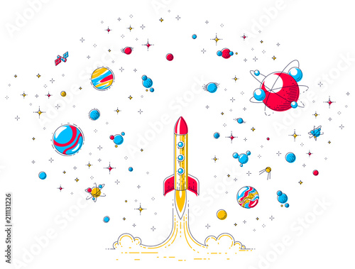 Rocket launch into undiscovered space, surrounded by fantastic planets, stars and other elements. Explore universe, space science. Thin line 3d vector illustration isolated on white.