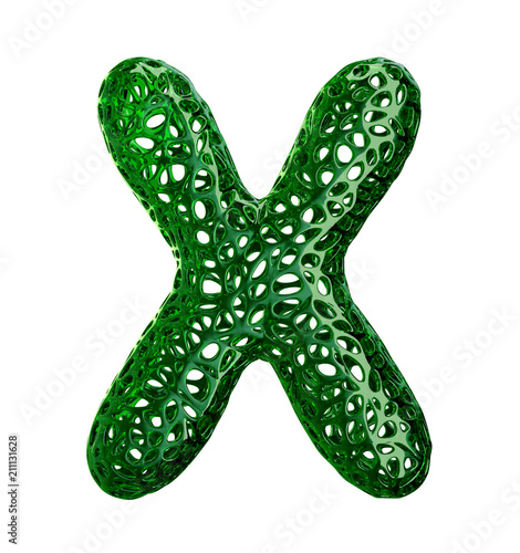 Letter X made of green plastic with abstract holes isolated on white background. 3d