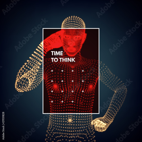 Man in a thinker pose. 3d model. Psychology or philosophy concept. Idea concept vector illustration.