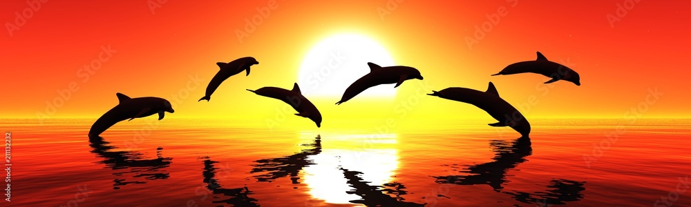 Dolphins are jumping at sunset. Sea landscape at sunset.
3D rendering
Dolphins are jumping at sunset. Sea landscape at sunset.
3D rendering