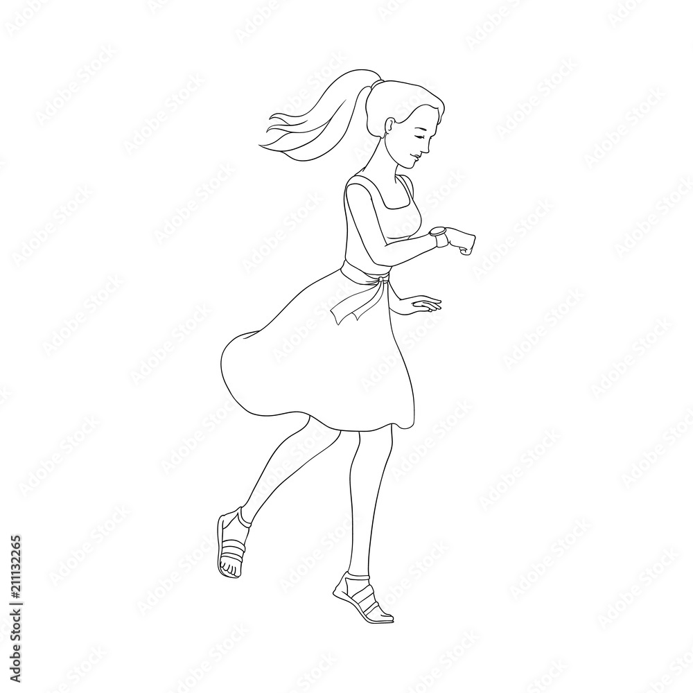 Late young pretty woman hurrying up looking at watches. Hand drawn beautiful girl in dress going to meeting. Female character in flat style. Vector monochrome illustration isolated Late young pretty woman hurrying up looking at watches. Hand drawn beautiful girl in dress going to meeting. Female character in flat style. Vector monochrome illustration isolated