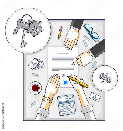 Man signs bank mortgage hypothec for real property house buying and employee explains terms of loan credit, top view of desk with people hands and paper documents. Vector illustration.