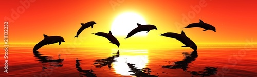 Dolphins are jumping at sunset. Sea landscape at sunset.  3D rendering  