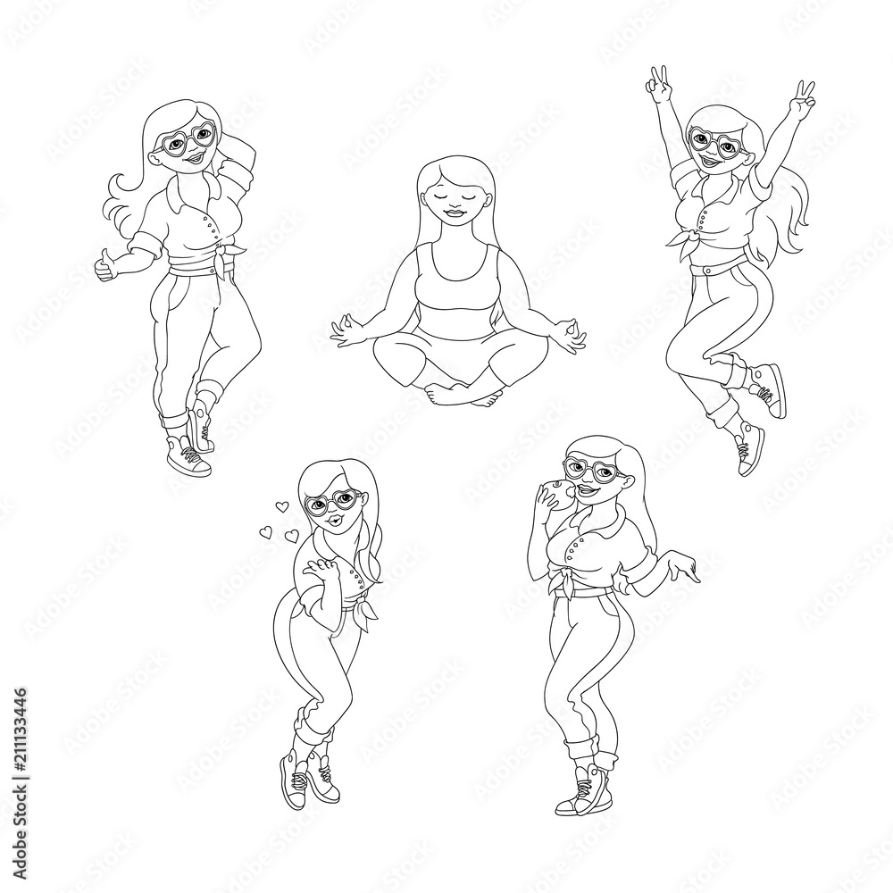 Hand drawn plump obese girl having fun set. Sketch style cute female characters in jeans, pink skirt doing yoga, dancing blow air kiss, eat apple. Vector adult overweight women monochrome collection