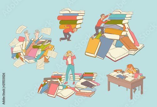 people hard learning concept vector sketch set . exhausted tired girl student or worker sitting table, overwork studying exams man holding hair, man climbling stack, man running with books.