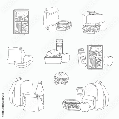 Lunchbox with cheese sandwich, tomato slices, potato chips, paper bag, schoolbag for school or work set. Dinner lunch container with snacks, meals homemade food. Vector monochrome sketch illustration
