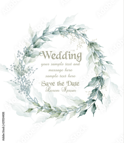 Wedding card watercolor green leaves wreath Vector