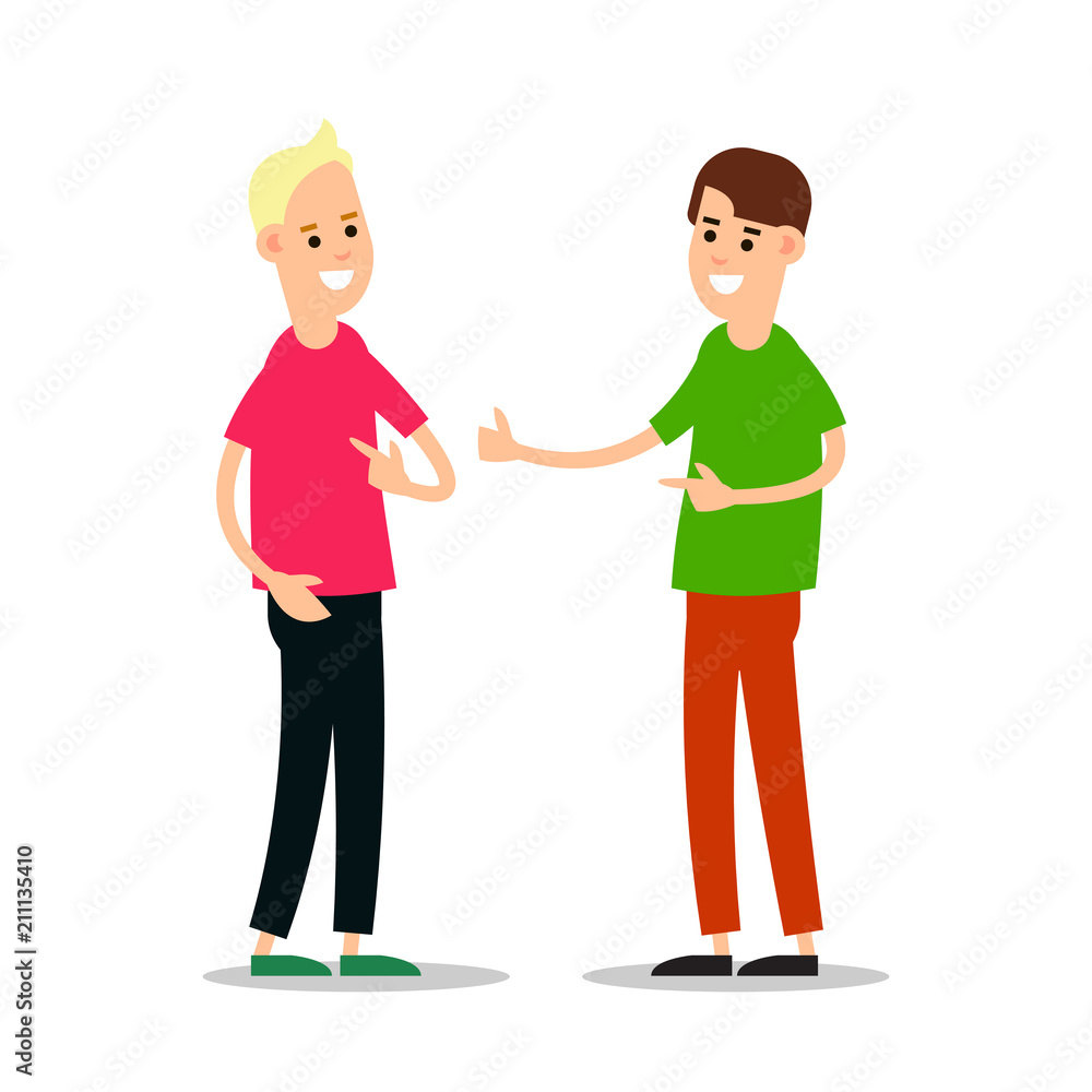 Young man standing and greet each other. Group of young people. Funny cartoon guy in various poses. Cartoon illustration isolated on white background in flat style