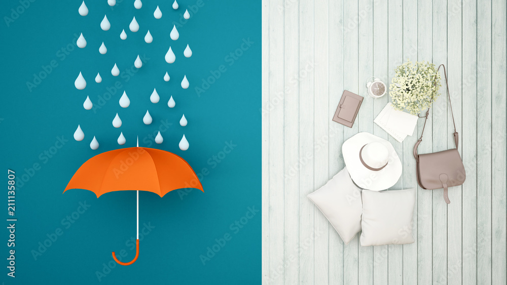 Orange umbrella with water drop on blue background artwork for rainy season  - Chilling day with accessory on wood terrace - Artwork for holiday - 3D  Rendering Stock-illustration | Adobe Stock