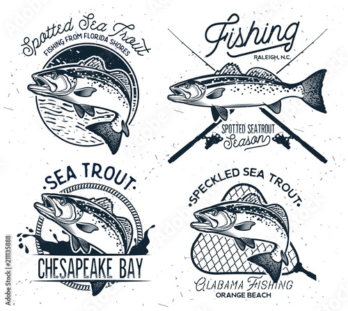 Vintage Sea Trout Fishing Emblems, Labels and Design Elements.