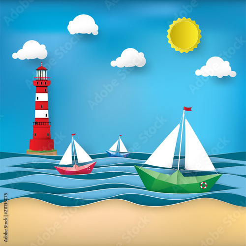 Vector,illustration graphic digital craft style, lighthouse and seascape, Paper sailing boat, Idea for presentation EPS10.