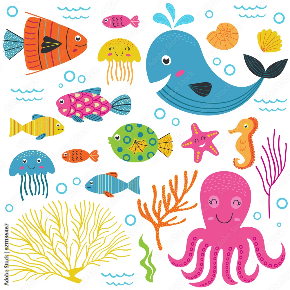 Fototapeta premium set of isolated with marine animals part 1 - vector illustration, eps