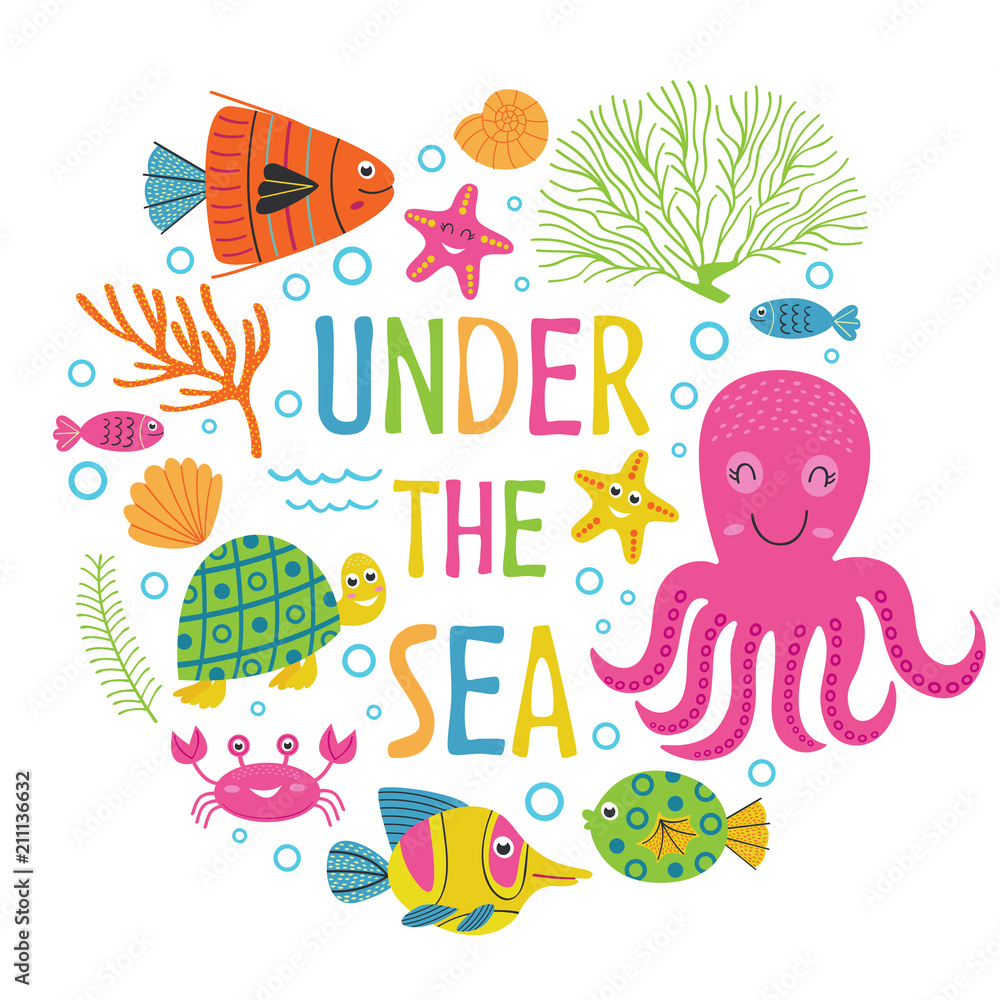 Naklejka premium Under the sea card with marine animals - vector illustration, eps