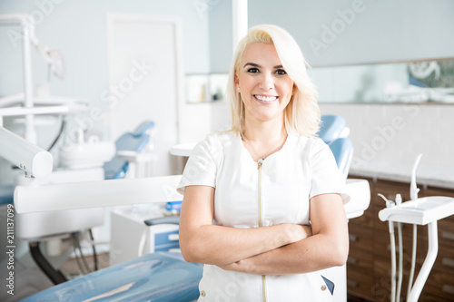 Confident and successful dentist in a clinic