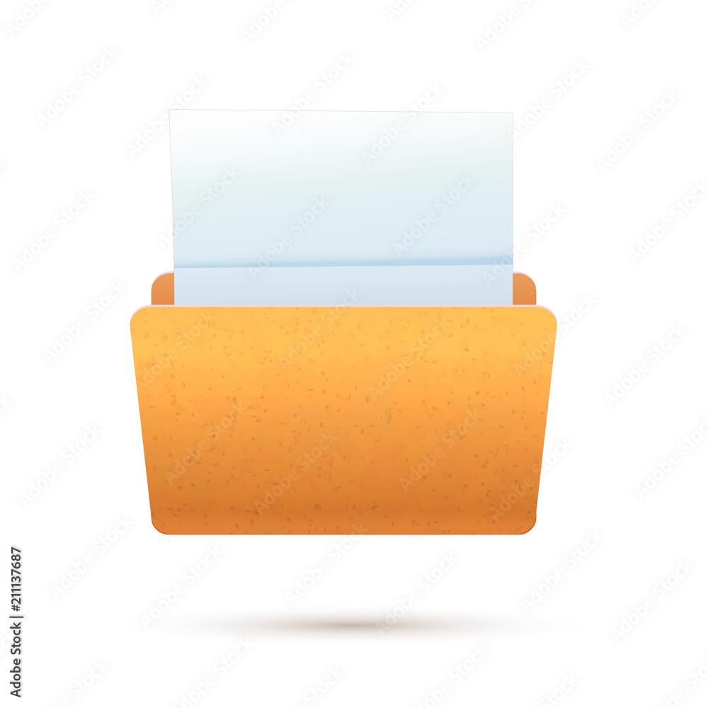 Bright yellow realistic open folder with paper sheet, icon isolated on white Bright yellow realistic open folder with paper sheet, icon isolated on white