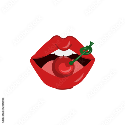 Woman mouth open with sexy lips, white teeth biting cherry. Red lipstick makeup glamour fashion style glossy sensual kiss symbol. Isolated vector illustration on a white background.