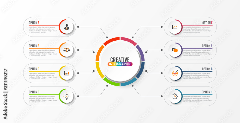 Abstract elements of graph Vector infographic template with label, integrated circles. Business concept with 8 options. For content, diagram, flowchart, steps, parts, timeline infographics, workflow Abstract elements of graph Vector infographic template with label, integrated circles. Business concept with 8 options. For content, diagram, flowchart, steps, parts, timeline infographics, workflow