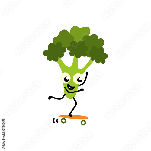 Sports vegetable element - green fresh cheerful broccoli skateboarding isolated on white background. Cute cartoon character doing exercises - healthy and active lifestyle concept. Vector illustration.