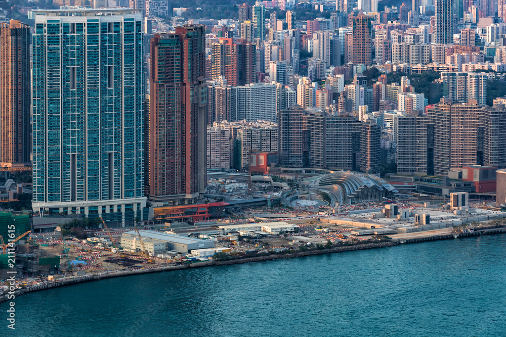 Obraz premium West Kowloon, Hong Kong - April 05, 2018 : Aerial view of Construction site of Hong Kong West Kowloon Station