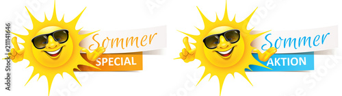 Cartoon Sonne mit Sonnenbrille und Banner - Sommer Aktion, Special Set photo
