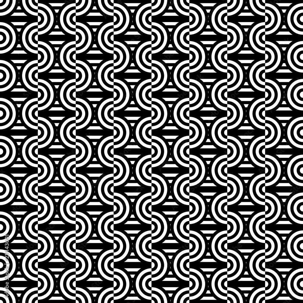 Seamless pattern with circles and striped black white straight lines. Optical illusion effect. Geometric tile in op art style. Vector illusive background for cloth, textile, print, web. Seamless pattern with circles and striped black white straight lines. Optical illusion effect. Geometric tile in op art style. Vector illusive background for cloth, textile, print, web.
