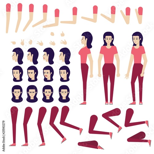 Young woman creation, animation set. Various face emotions sad, happy smiling, angry, leg, arm body position. Vector cartoon illustration