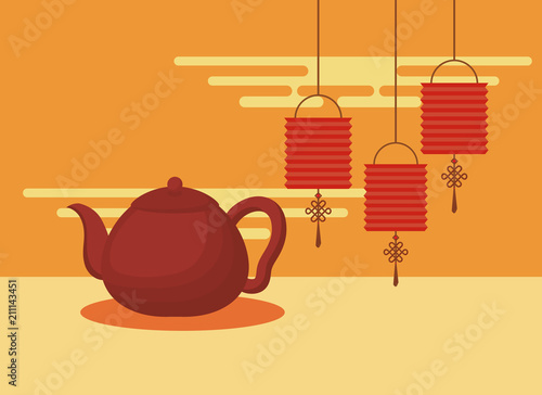 tea pot and chinese lanterns hanging over orange background, colorful design. vector illustration